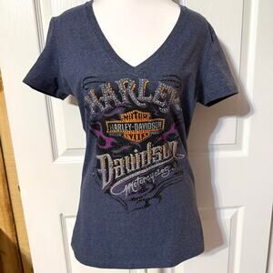 Harley-Davidson Rhinestone Flame Graphic V-Neck Tee Size Medium